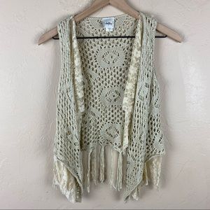 Daytrip Crochet Fringe Cream Lace Vest XS
